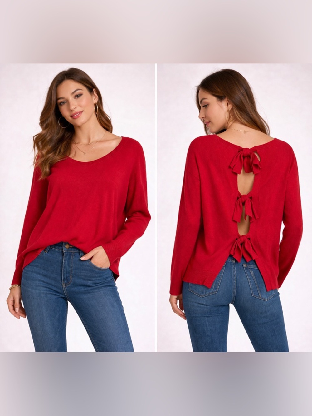New York & Company Bright Red Crewneck Sweater with Open Bow Back